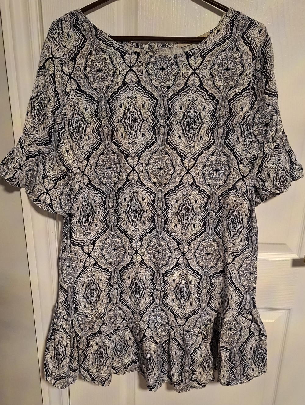 Navy & White Printed Ruffle-Hem Midi Dress